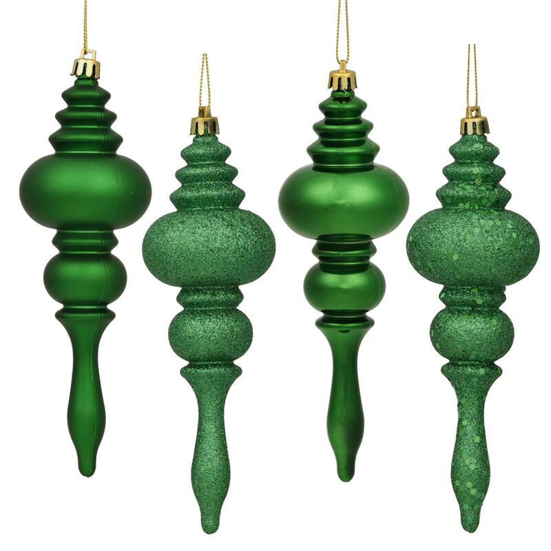 Vickerman 7" 4-Finish Finial Ornament, Shatterproof Plastic Christmas Tree Decoration, 8 Pack, Green Shiny, Matte, Glitter and Sequin Finishes Shiny, Matte, Glitter and Sequin Finishes image number 0