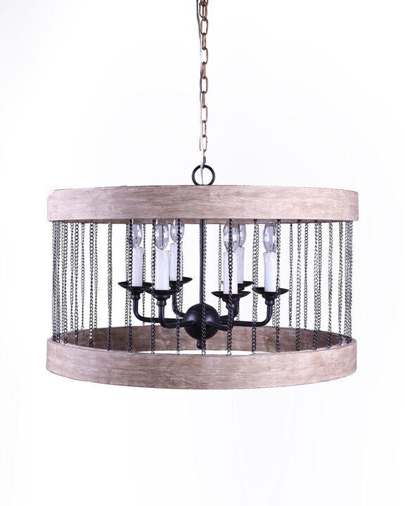 HomeRoots Black And Natural Wood and Metal Cylinder Six Light Dimmable Chandelier