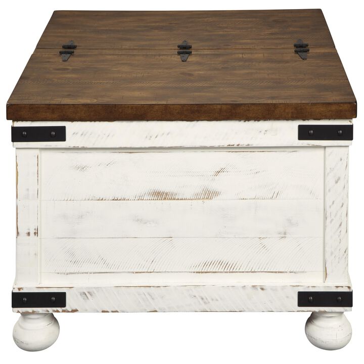 Farmhouse Two Tone Cocktail Table with Lift Top Storage, Brown and White-Benzara