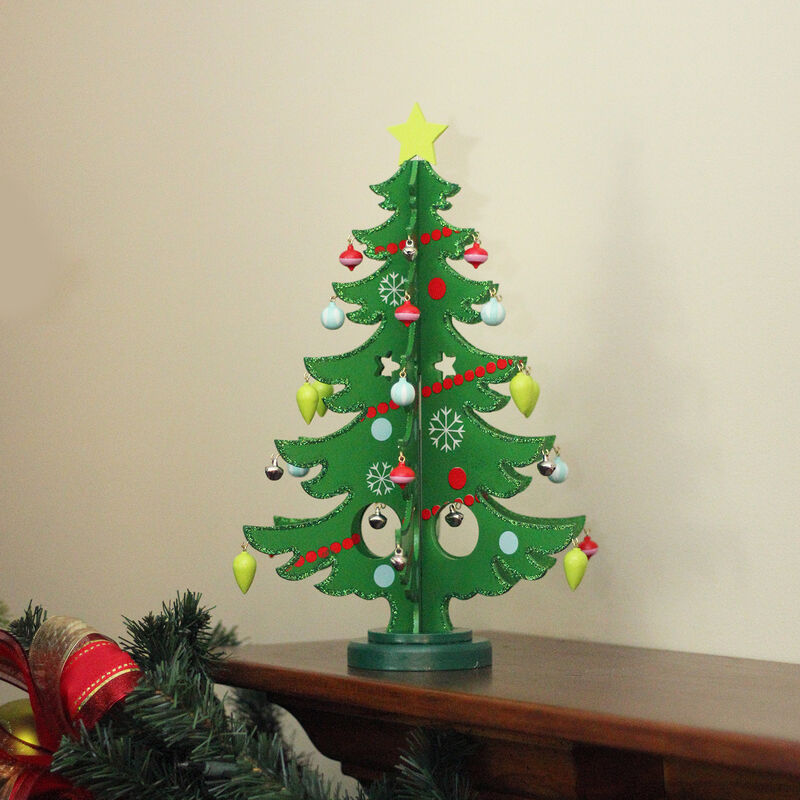 13.75" Green 3-D Wood Christmas Tree with Ornaments Decoration