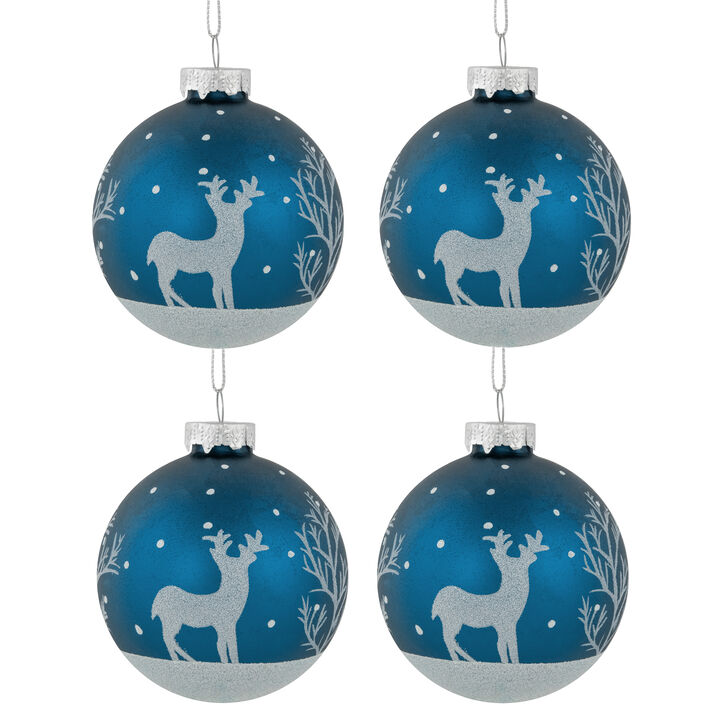 4ct Blue Glass Ball Christmas Ornaments with Glitter Reindeer 3"