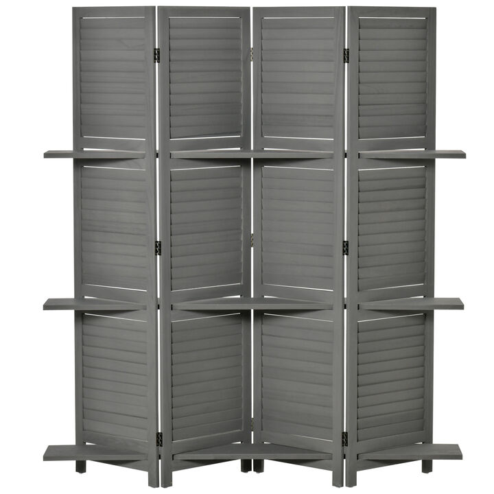 Wood Mobile Folding Privacy Screen Partition Wall Room Divider w/ Shelves Grey