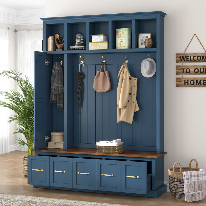 Merax 4-in-1 Entryway Hall Tree with Storage Bench, Hanging Hooks, Open Cubbies & Drawers image number 2