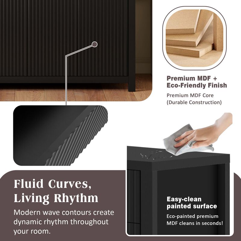 Clihome Modern Wave-Pattern Sideboard Cabinet,Multi-Purpose Fluted Cabinet, Kitchen Storage with Drawers & Adjustable Shelves for Kitchen, Dining Room