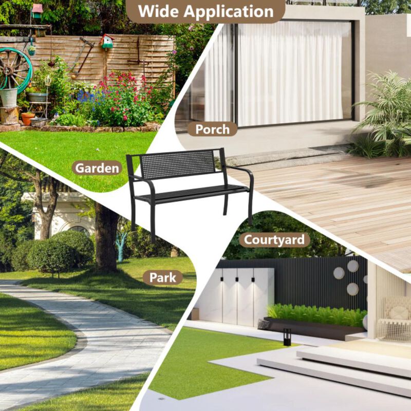 Hivvago 50 Inches Garden Bench with Patterned Backrest and Curved Armrests