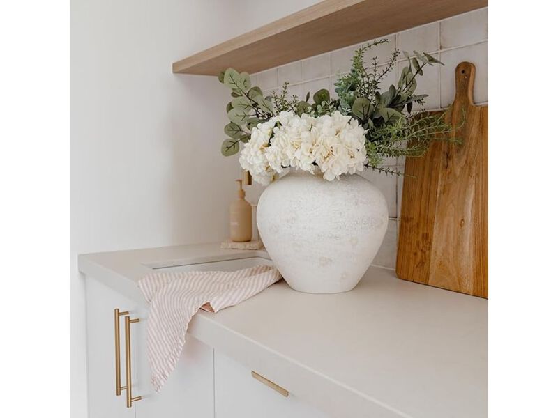 11" White Round Ceramic Vase &ndash; Rustic Textured Farmhouse Centerpiece image number 1