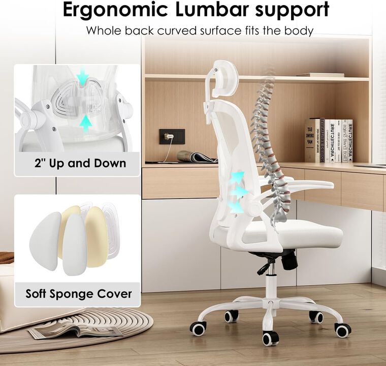 Petrimins Ergonomic Office Chair with 3-Layered Lumbar Support, Adjustable Headrest, Reclining Desk Chair with Flip-Up Armrests for Home, Office