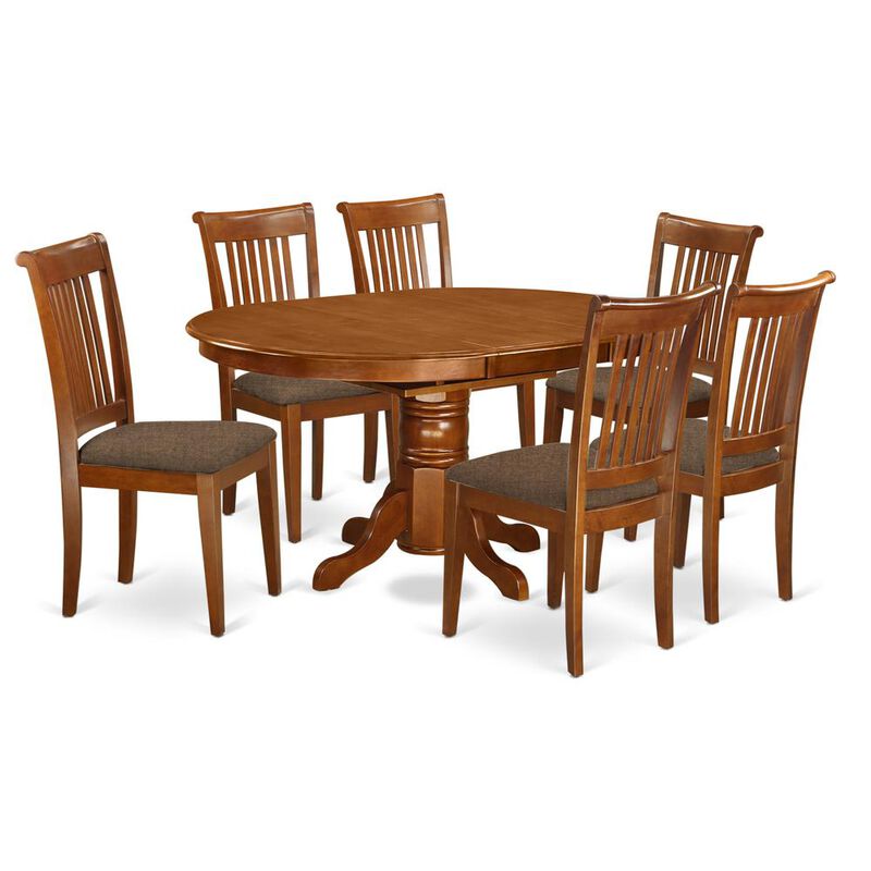 7 Pc set Avon Kitchen Table with Leaf and 6Fabric Dinette Chairs in Saddle Brown