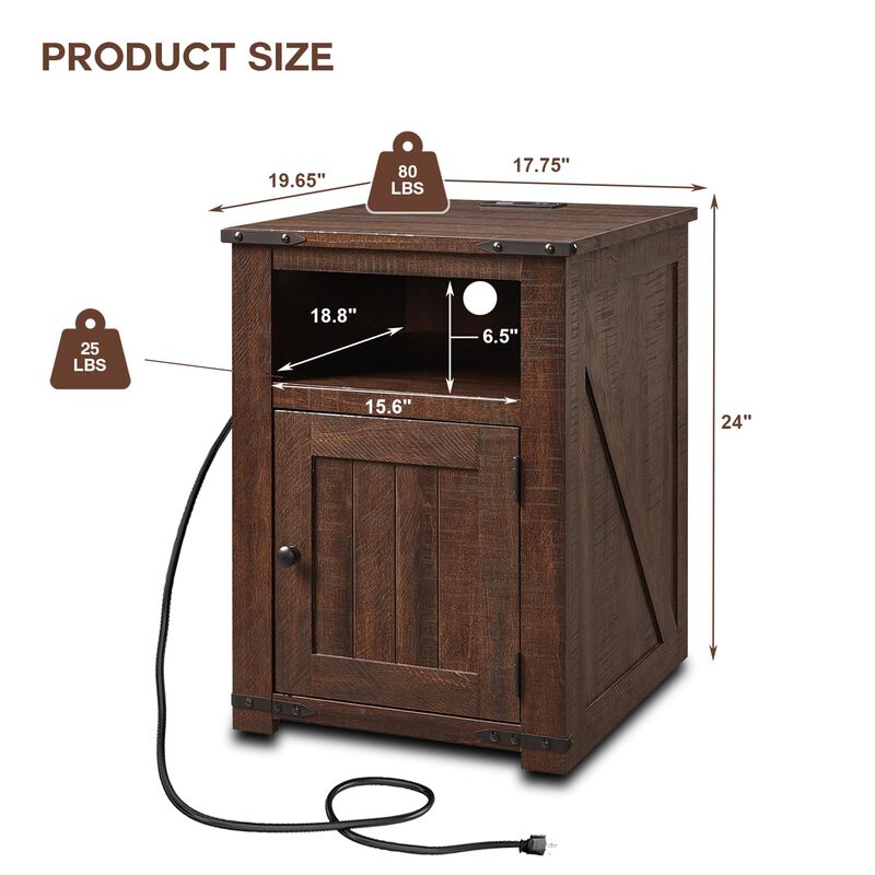 24" Farmhouse Nightstand with Charging Station, Barn Door Side Table, Open & Closed Storage image number 2
