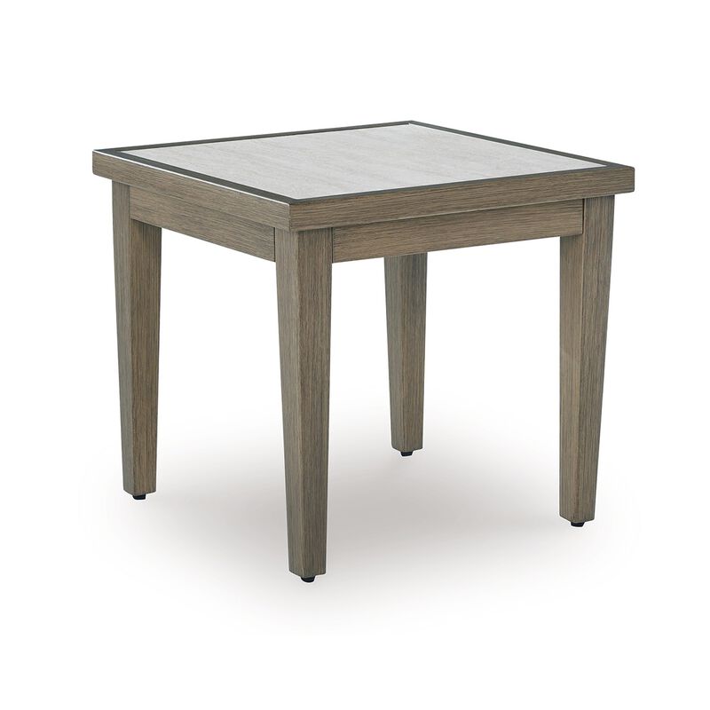 Inaya Outdoor Square End Table, Beige Sintered Stone, 24 Inch Brown - Benzara