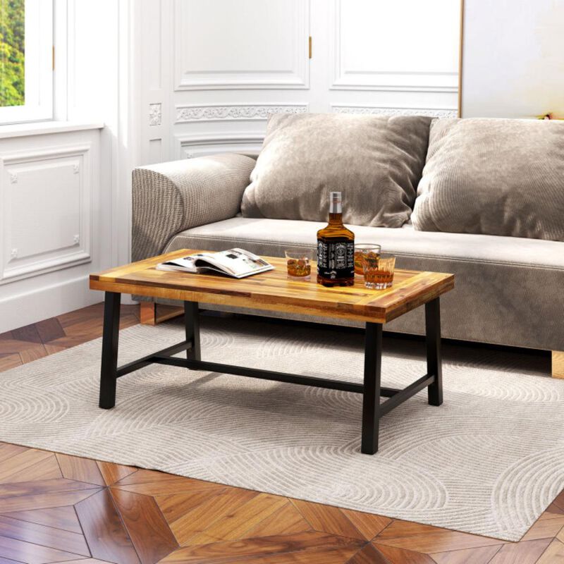 Hivvago Acacia Wood Coffee Table with Thickened Top and Heavy-duty Metal Legs