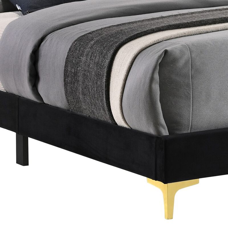 Lif Platform King Size Bed, Panel Tufted Headboard, Gold, Black Velvet-Benzara
