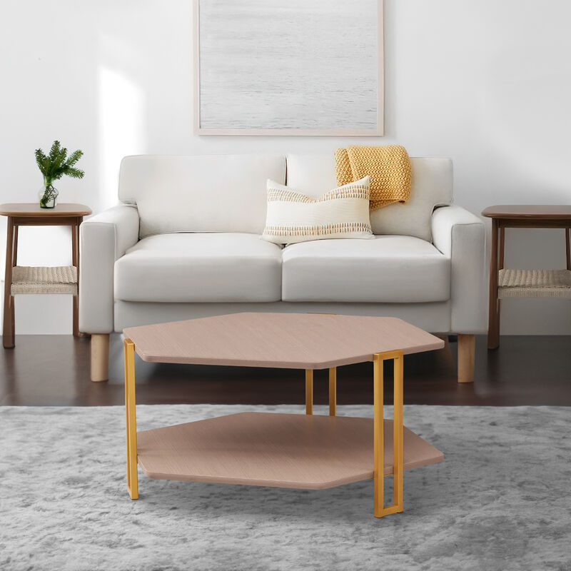 36 Inch Hexagonal Modern Coffee Table, Wood Top and Shelf, Gold Metal Legs-Benzara image number 6