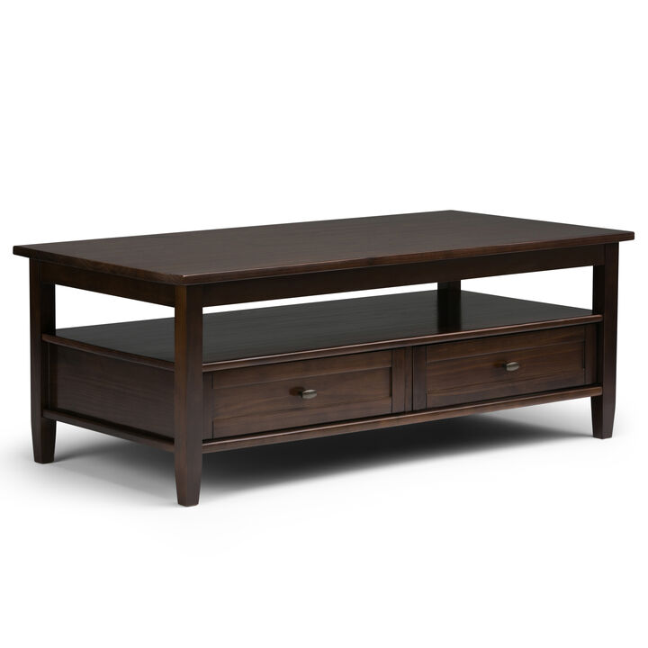 Warm Shaker SOLID WOOD 48 inch Wide Rectangle Transitional Coffee Table in Tobacco Brown