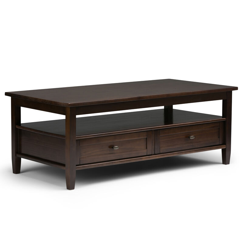 Warm Shaker SOLID WOOD 48 inch Wide Rectangle Transitional Coffee Table in Tobacco Brown
