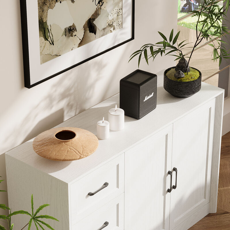 FUFU&GAGA 2-Door 3-Drawer Storage Cabinet with Black Metal Handles, Wood Grain Finish (47.2"W x 15.7"D x 30.7"H), White Oak