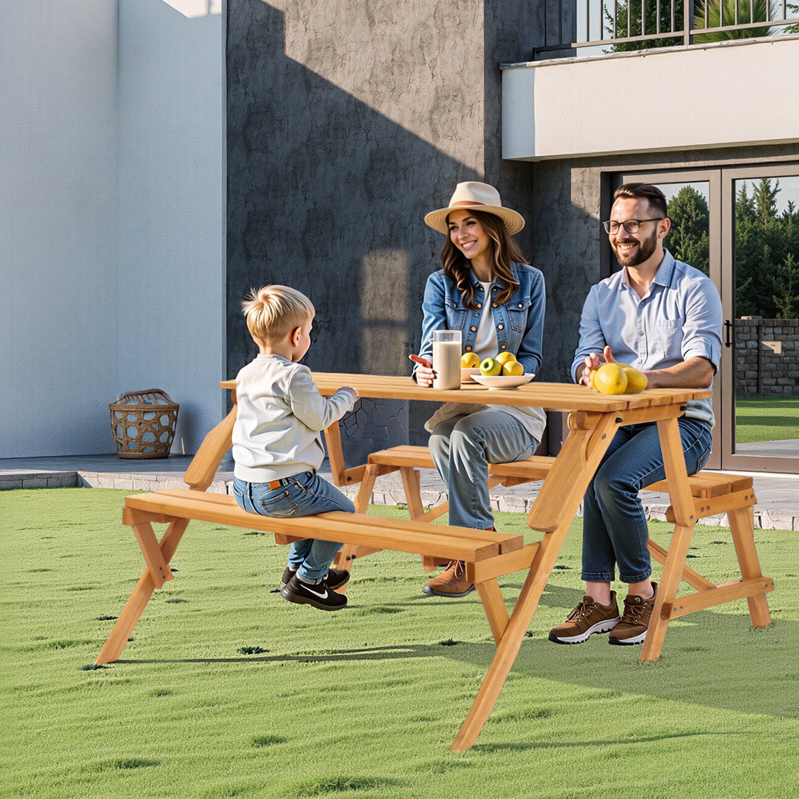 2-in-1 Wooden Picnic Table and Bench Set - Foldable Outdoor Table