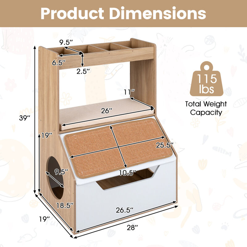 3-in-1 Pet Cat House Cabinet with 4 Cubby Spaces Cushion and Scratch Pad for Home Furniture image number 3