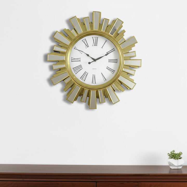 HomeRoots 19" Gold And Clear Mirrored Glass And Heavy Duty Plastic Silent Analog Sunburst Wall Clock