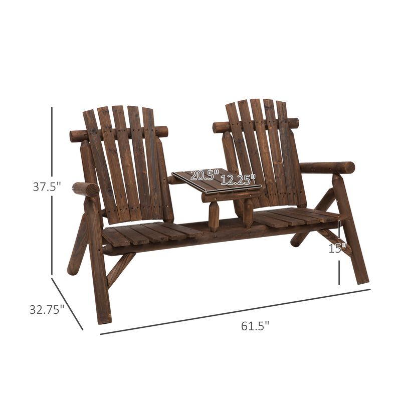 Carbonized Outdoor Duo: Wood Adirondack Chair Bench with Center Table