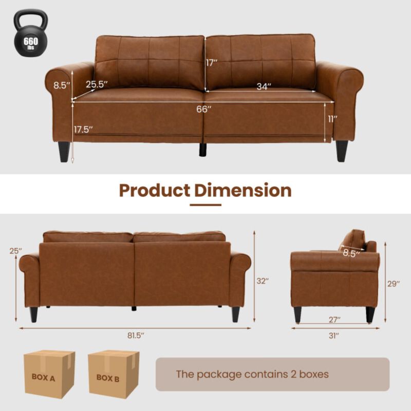 Hivvago PU Leather Modern 3-Seater Sofa Couch with 2 Detachable Back Pillows-Brown