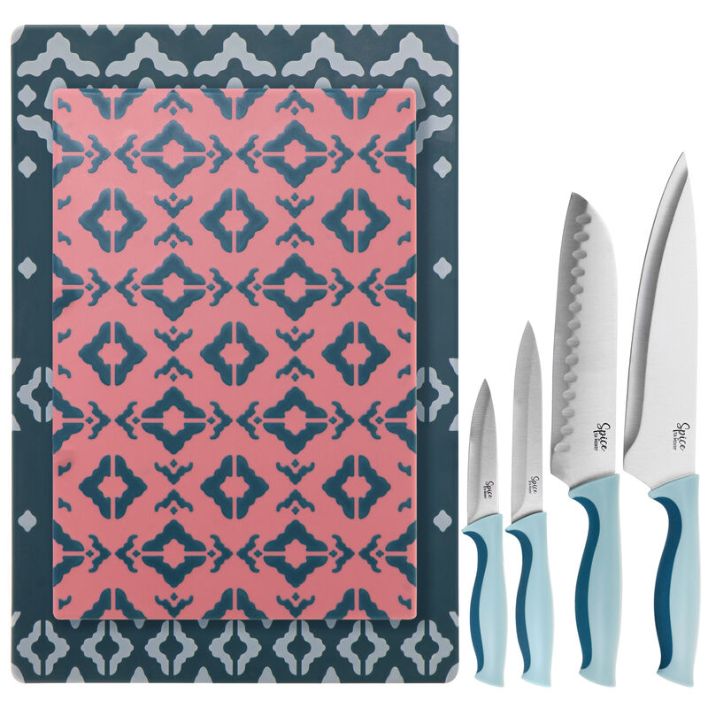 Spice by Tia Mowry Savory Saffron 10 Piece Knife and Cutting Board Cutlery Set in Blue and Pink