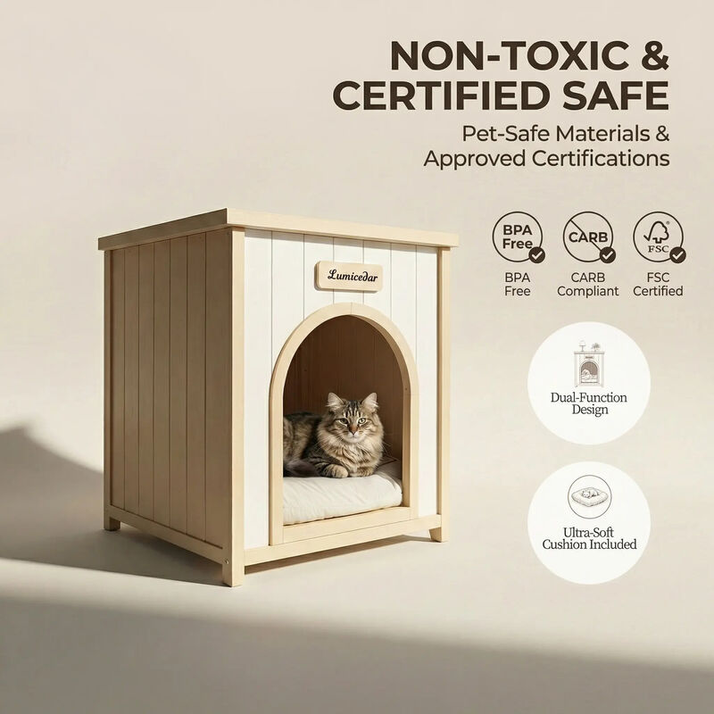 Cream Yellow Flat Roof Pet House, Solid Wood Indoor Shelter for Small Cats & Dogs image number 5