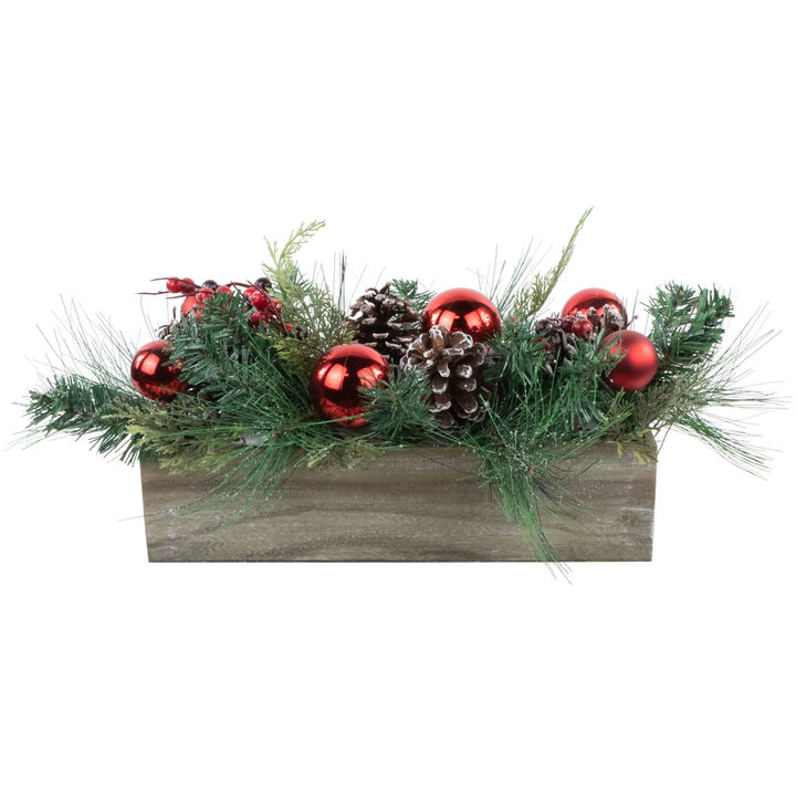 24" Mixed Pine and Red Ornaments Artificial Christmas Arrangement in Wood Planter