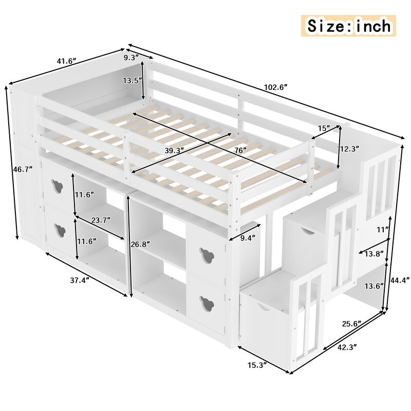 Whisen Low Loft Bed with Storage Headboard and Shelves image number 9