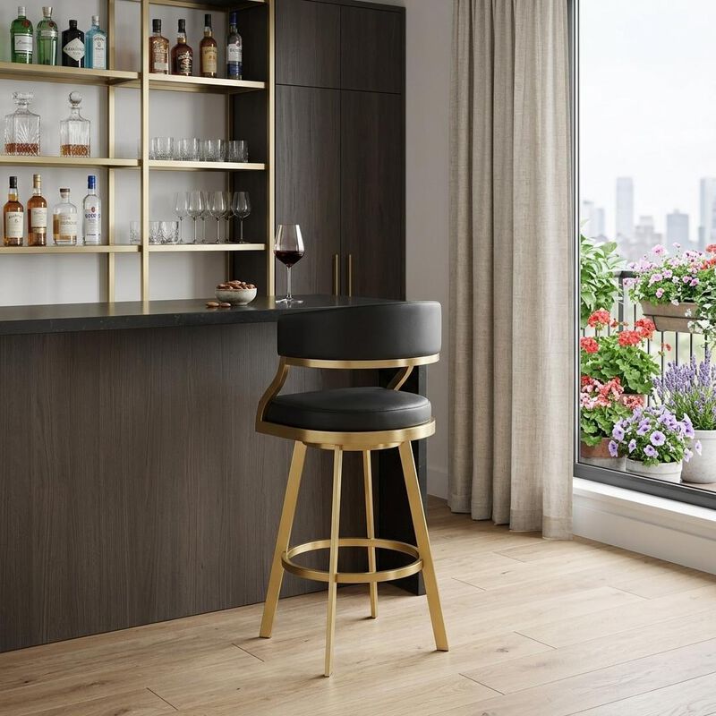 HomeRoots 30" Black and Gold Faux Leather and Stainless Steel Low Back Bar Height Swivel Bar Chair image number 1
