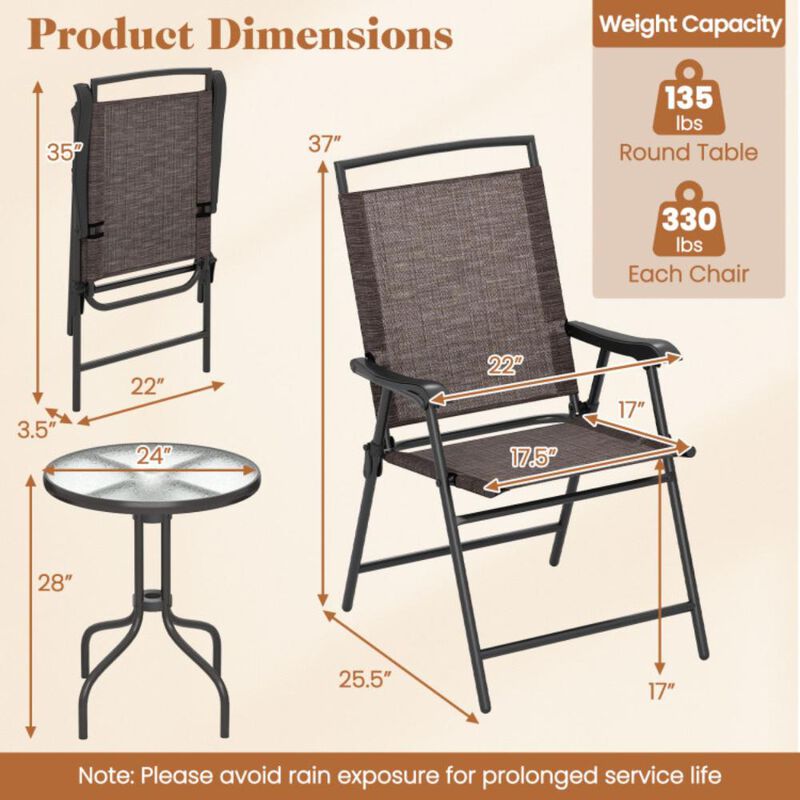 Hivvago 3 Pieces Patio Round Table and Folding Chairs Set with Rippled Tempered Glass Tabletop