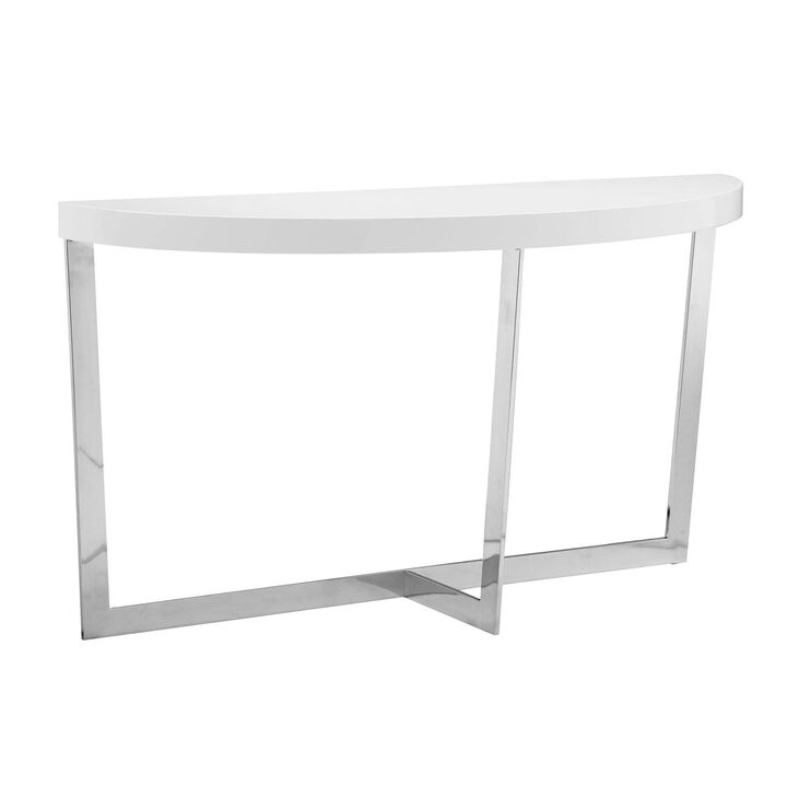 Tini 55 Inch Console Table, Oval Top, Chrome Frame, Sleek White Finish - Benzara