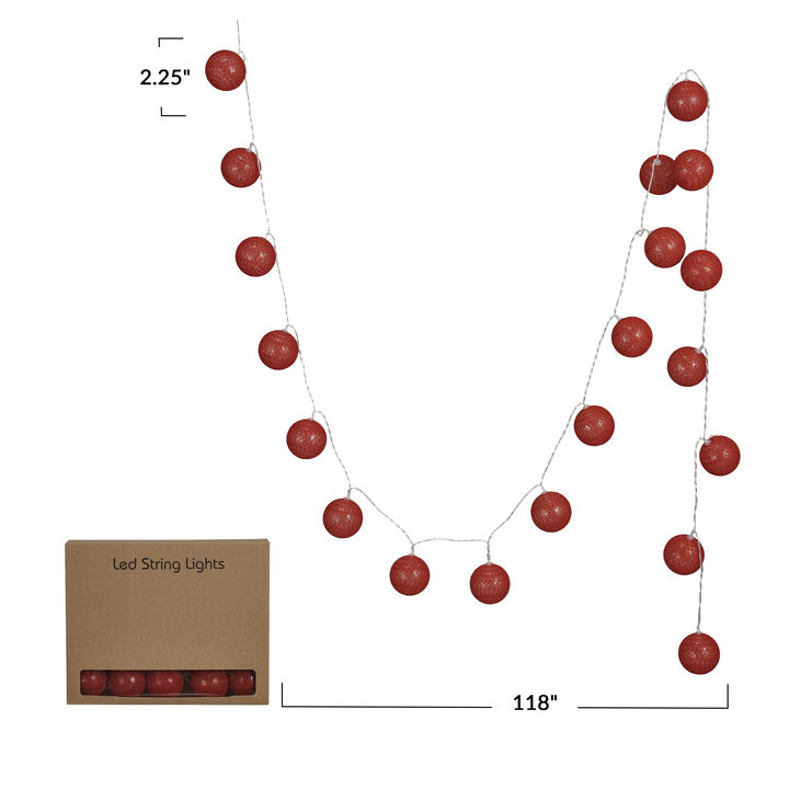 Fabric String Ball Lights with Plastic Cord and 20 Lights, Burgundy
