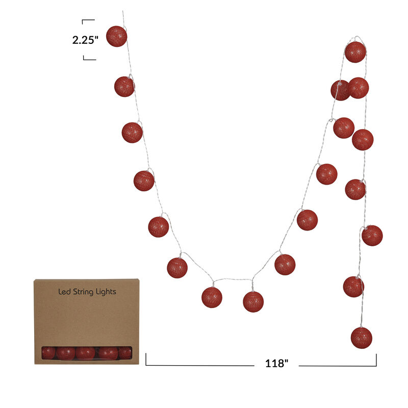 Fabric String Ball Lights with Plastic Cord and 20 Lights, Burgundy image number 1