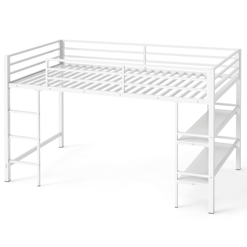 Twin Size Low Loft Bed with Ladder and Storage Shelves Metal Frame image number 0