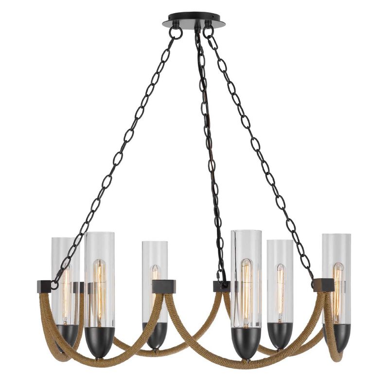 Arga 6 Light Chandelier, Glass Shade, Rope Arms, Bronze Metal 12 Inch image number 2