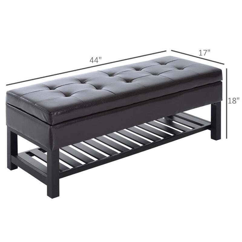 Multifunctional Dark Seat: 44" Tufted Faux Leather Ottoman with Shoe Storage
