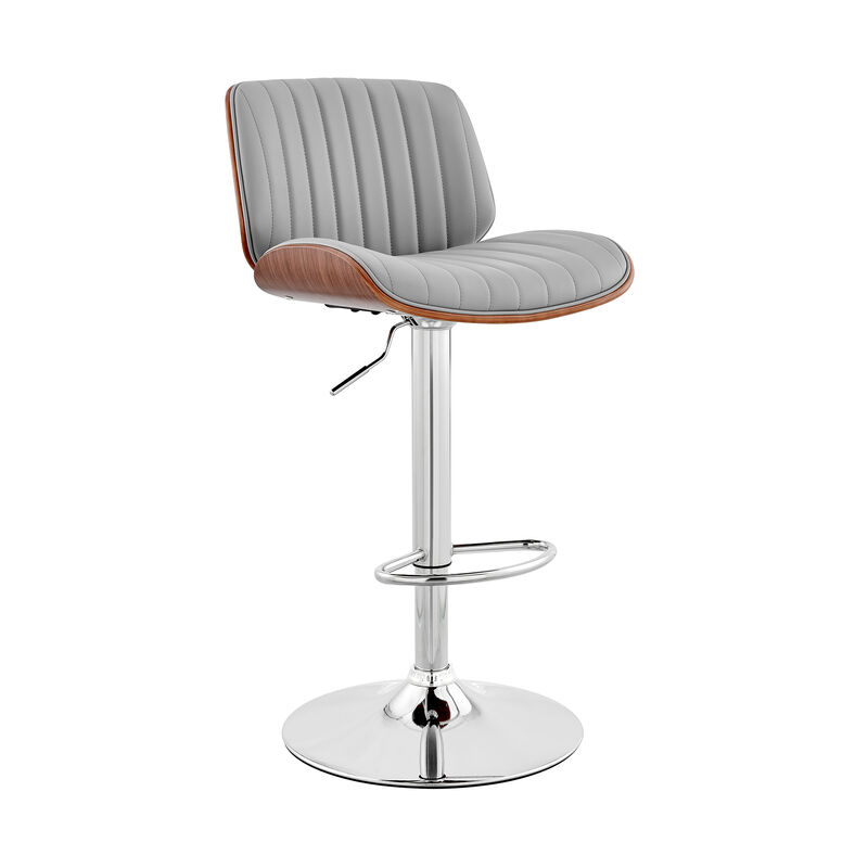 Barstool with Channel Tufted Leatherette Seat, Gray and Chrome-Benzara image number 1