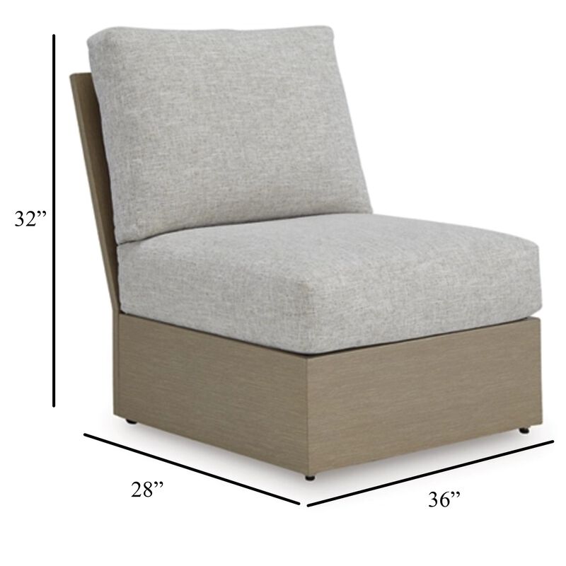 Isle Outdoor Armless Chair, Gray Cushion, Woodlike Brown Metal Frame - Benzara