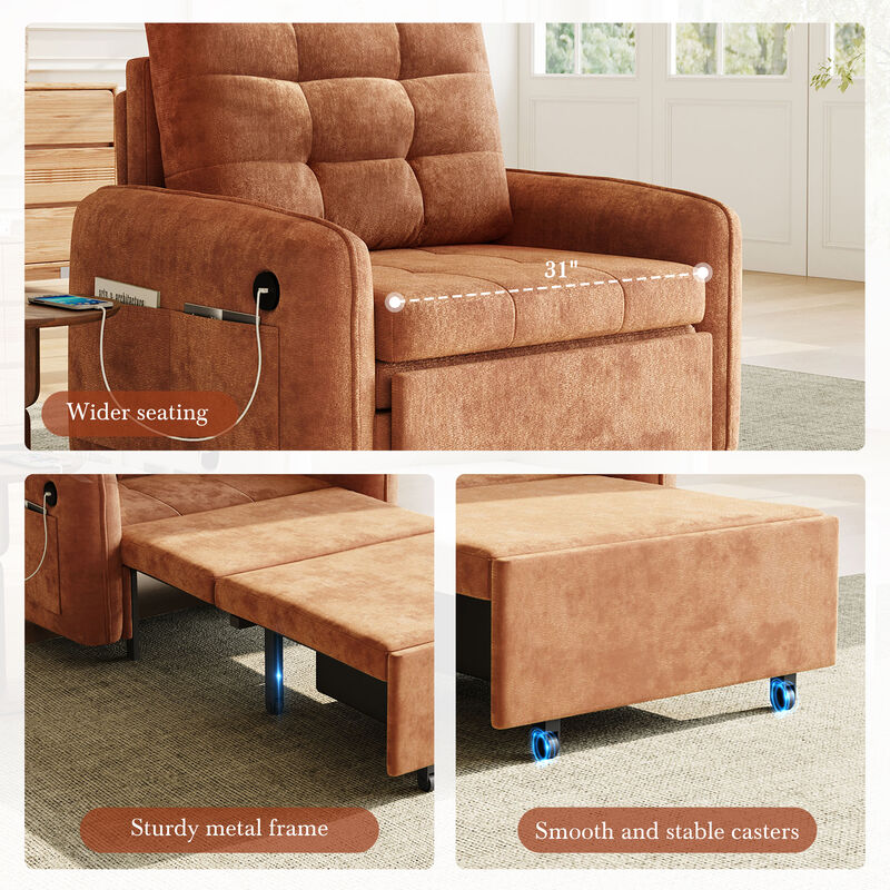 3-in-1 Sleeper Chair Chenille Sofa Bed, 80" Extra Long Pull Out Sleeping Lounge with USB Charging, Storage Pockets and Box image number 6