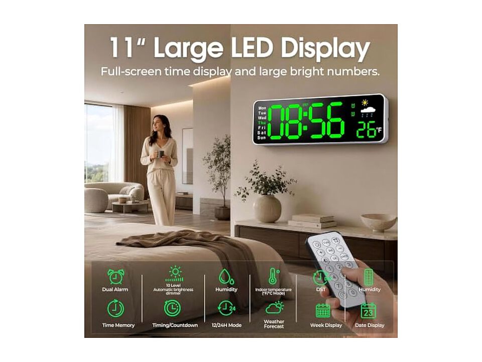 Digital LED Display Remote Control Date Wall Clock 11 Inch Blue Office Decor