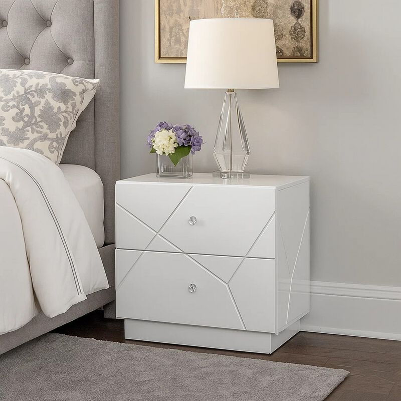 Esy Nightstand, 2 Drawers with Crystal Knobs, White Carved Pattern image number 1