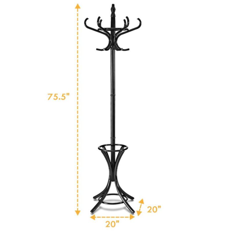 Hivvago Wooden Standing Coat Rack Tree with 12 Hooks and Umbrella Stand