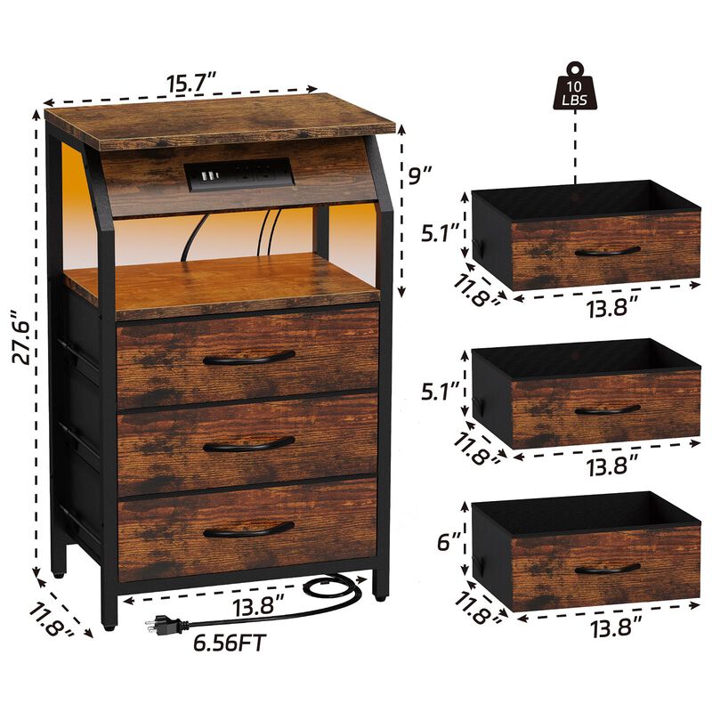 SZLHANJZ End Table with Charging Station, Nightstand with LED Lights and 3 Drawers, Small Dresser with Fabric Storage, Retro Sid