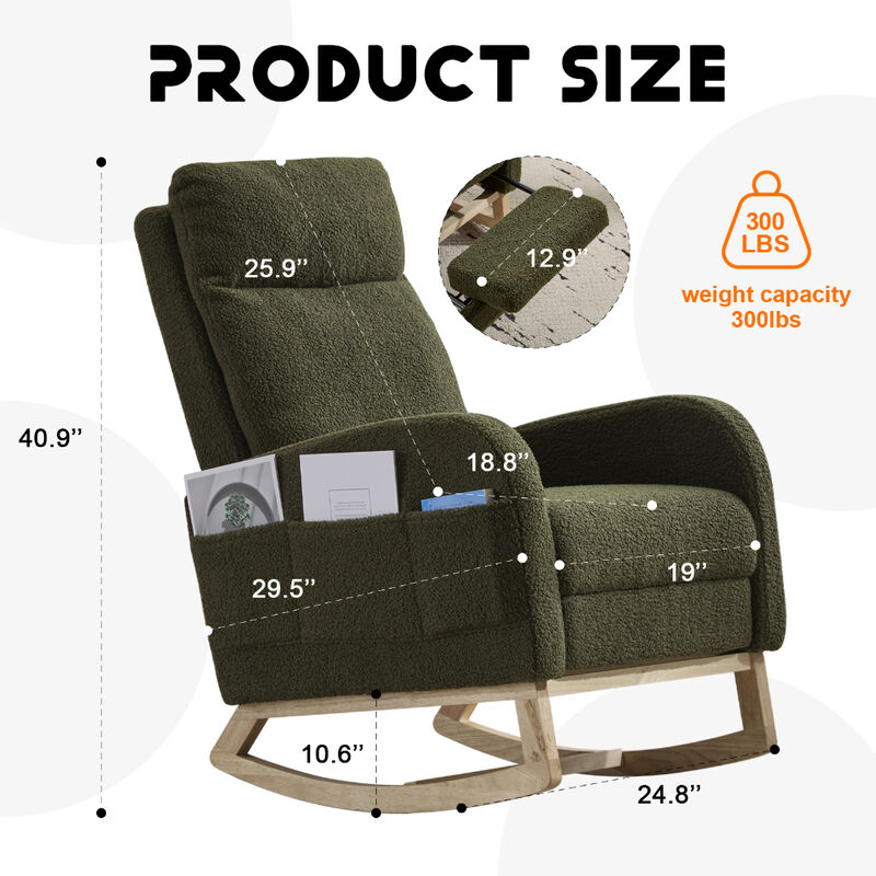 Upholstered Modern Rocking Chair with Solid Wood Legs and Ergonomic High Backrest image number 3