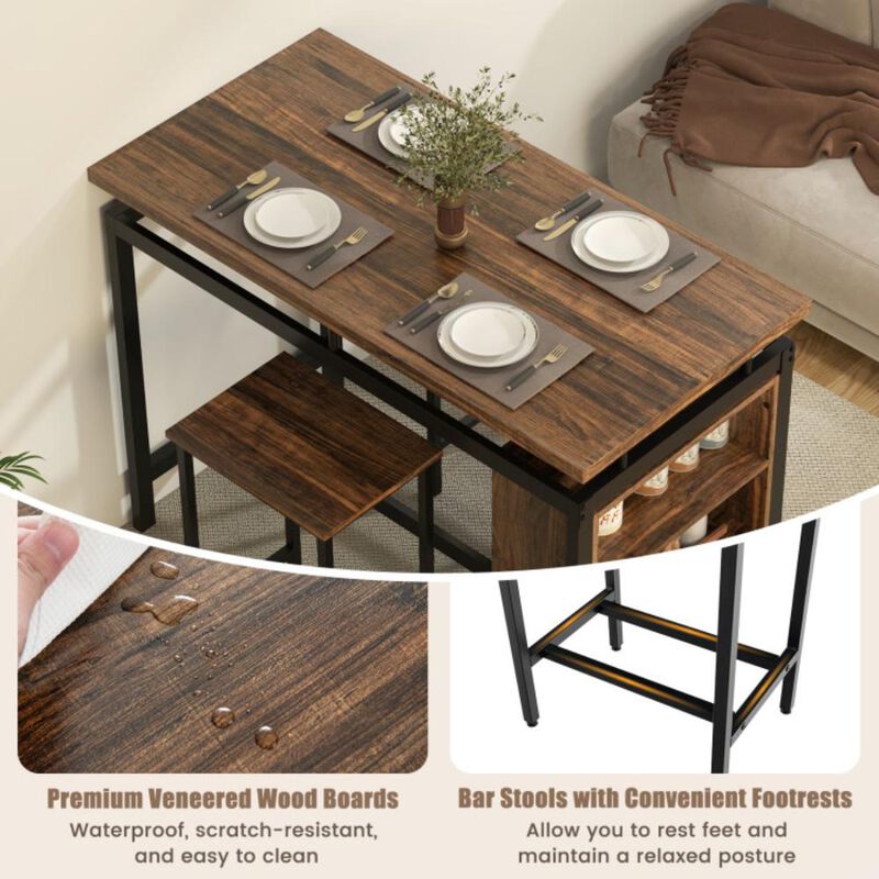 Hivvago 3 Pieces Dining Table Set with 3-Tier Storage Shelf and Metal Frame