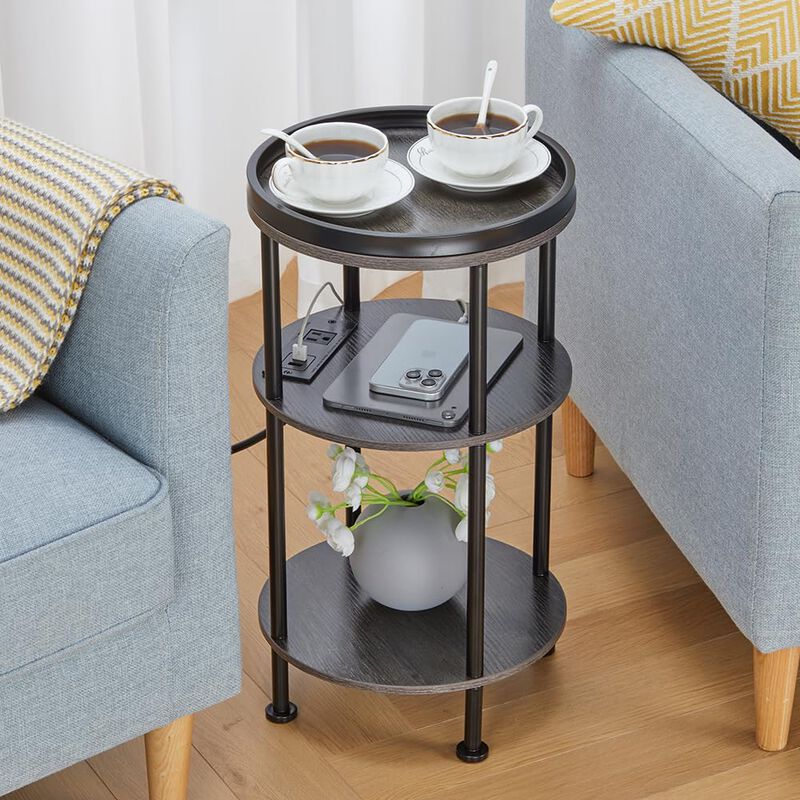 Small Round Side Table with Charging Station for Small Spaces, 3-Tier Round Accent Table with USB Ports & Power Outlets, Round C