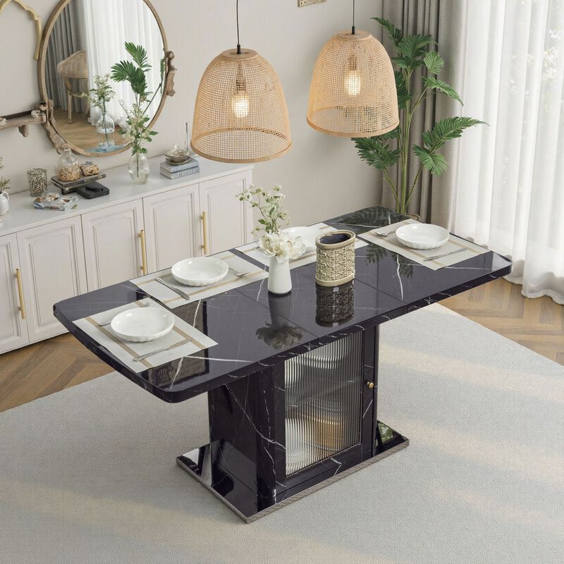 47.24"-63"Modern Rectangle Dining Table, Stretchable, with Printed White Marble Table Top+Storage Cabinet Table Leg with Metal Base image number 1