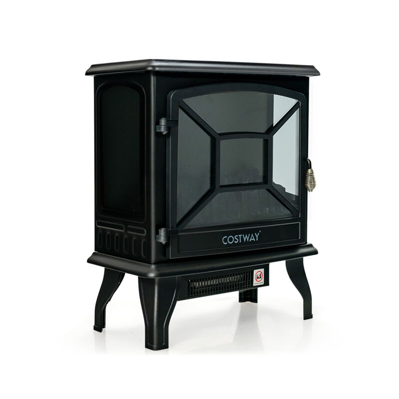 1400W Electric Stove Heater with 3-Level Flame Effect and 3-Sided View-Black