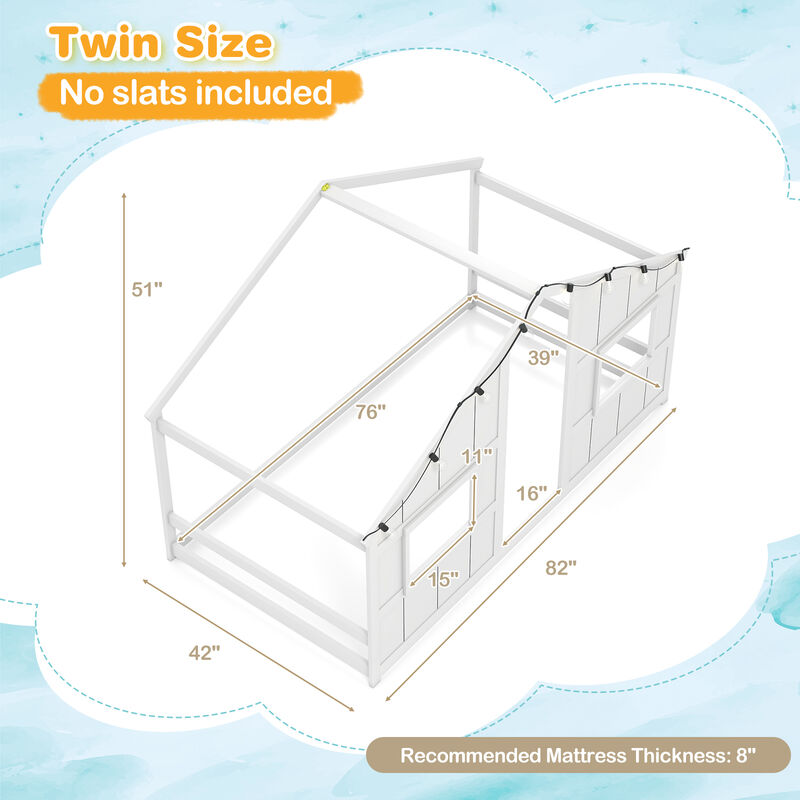 Twin Montessori House Bed with LED Lights, Low Floor Slat-Free Design image number 2